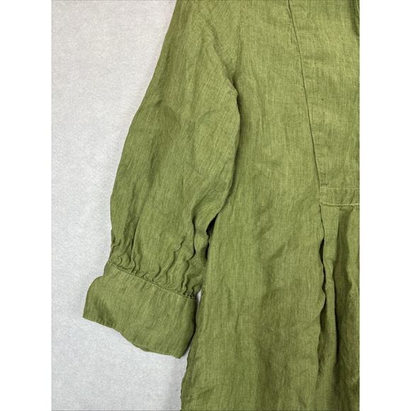 Poetry Dress Size 2 100% Linen Green 3/4 Sleeve Button Side Slit Pockets Preppy - Picture 3 of 11